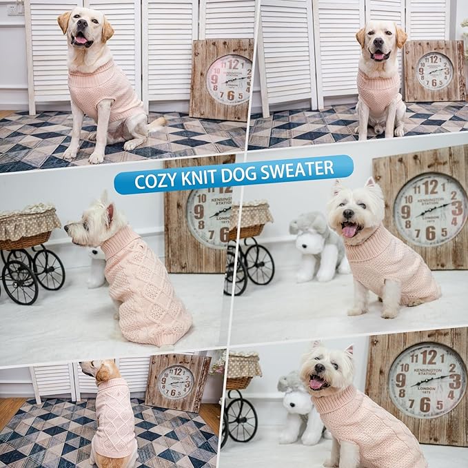 Mihachi Turtleneck Dog Sweater - Winter Coat Apparel Classic Cable Knit Clothes with Leash Hole for Cold Weather, Ideal Gift for Pet in New Year Rosy Large