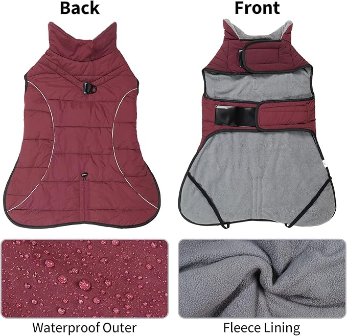 HEYWEAN Dog Winter Coat - Waterproof Windproof Reflective Vest for Medium & Large Breeds Adjustable Warm FleeceLined Jacket with Magic Tape & D-Ring for Leash Cold Weather Apparel (Red, XXX-Large)