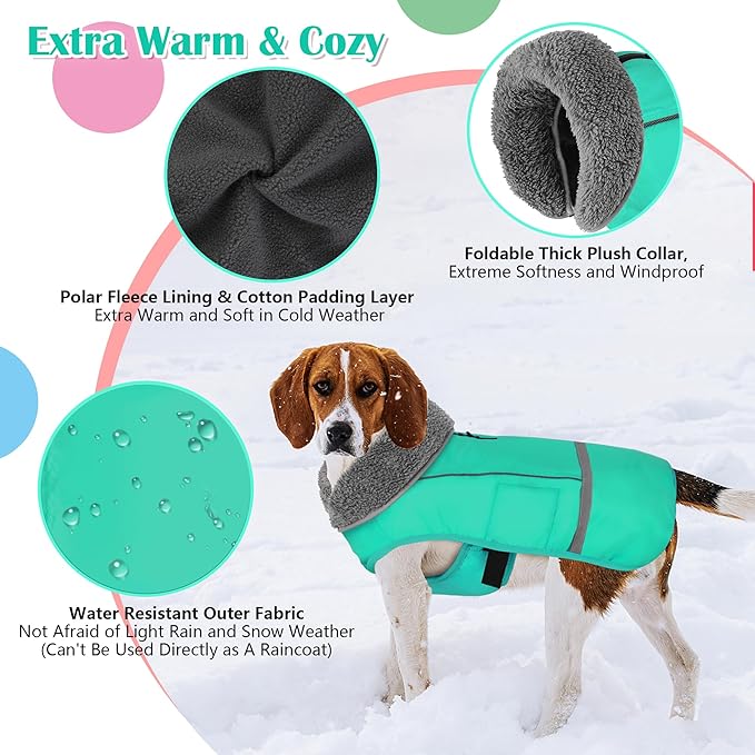 Dogcheer Warm Dog Coat, Waterproof Dog Jacket Christmas Puppy Winter Coat with Buckle, Reflective Adjustable Pet Snow Jacket Turtleneck Fleece Sweater for Small Medium Large Dogs - Pine Green, M