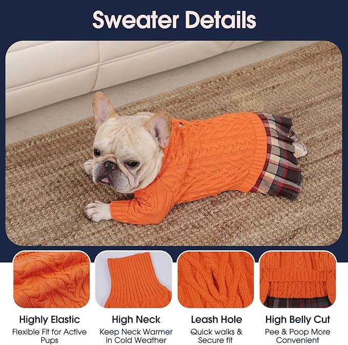IECOii Girl Dog Sweater Dress - Cable Knit Dog Sweater for Medium Dogs Girl, Orange, Large - Turtleneck Winter Sweaters with Leash Hole, Soft & Stretchy Adorable Dress for Thanksgiving Christmas Photo