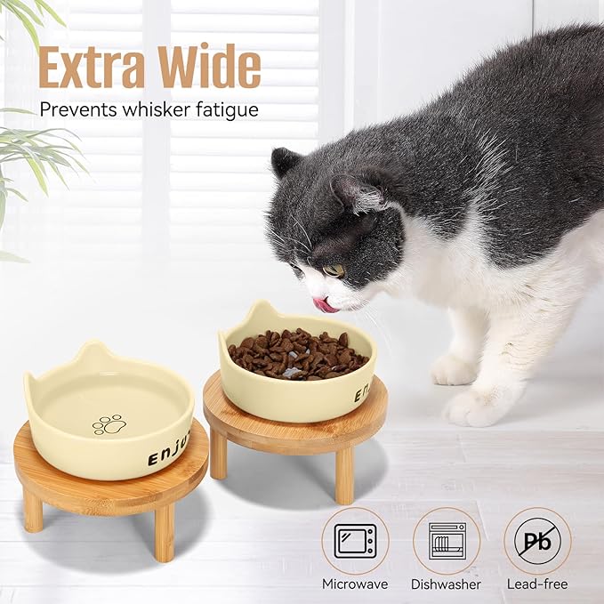 3PCS Elevated Cat Bowls,Wide Raised Ceramic Pet Dishes with Bamboo Stand, Whisker Friendly Pet Water or Food Plates Feeding Station for Indoor Small Dogs, Kitten (Yellow(3PCS))