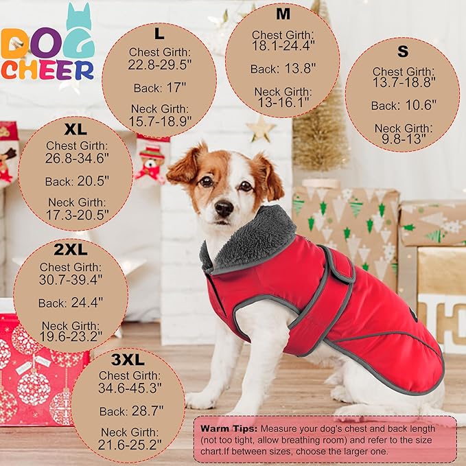 Dogcheer Dog Coat, Waterproof Dog Jacket Reflective Pet Winter Coat with Adjustable Hook & Loop, Christmas Puppy Fleece Jacket Warm Turtleneck Snowsuit for Small Medium Large Dogs - Red, L