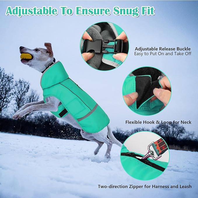 Dogcheer Warm Dog Coat, Waterproof Dog Jacket Christmas Puppy Winter Coat with Buckle, Reflective Adjustable Pet Snow Jacket Turtleneck Fleece Sweater for Small Medium Large Dogs - Pine Green, 2XL
