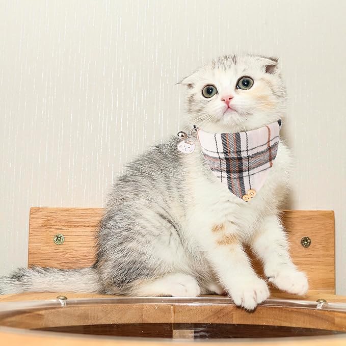 ADOGGYGO Plaid Cat Collar with Bow Bandana - 2 Pack Breakaway Kitten Collar with Removable Bowtie Bell Plaid Cat Bowtie Bandana Collars for Cats Kittens (Beige)