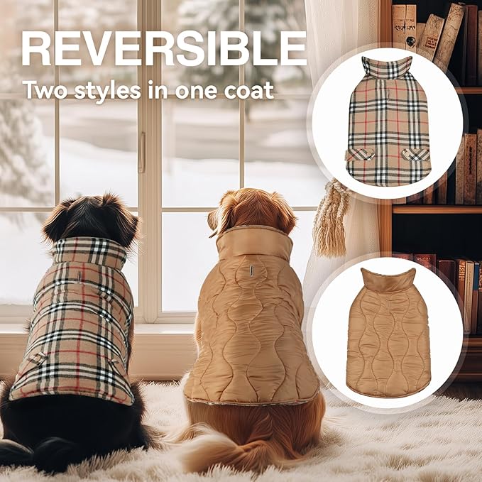 VIVAGLORY Softjoy Dog Coat, Dog Jacket for Winter & Christmas, Coat with Harness Hole & Velcro Closure, Reversible Plaid Checkered Warm Fluffy Heavy Duty for Puppy, S, Khaki