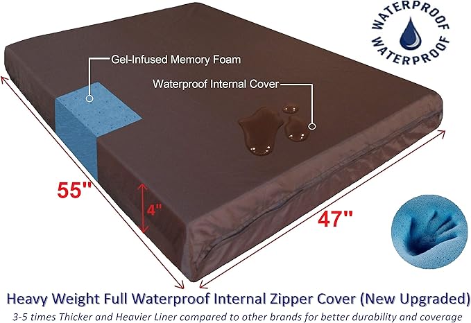 Dogbed4less Orthopedic Gel Memory Foam Pet Dog Bed, Waterproof Liner with External Microsuede Cover and Bonus Antislip Cover (Microsuede Gray, 55"X47"X4" Inches)