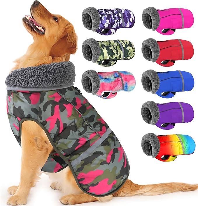 Dogcheer Warm Dog Coat, Waterproof Dog Jacket Reflective Adjustable Puppy Winter Coat with Buckle, Christmas Pet Snow Jacket Turtleneck Fleece Sweater for Small Medium Large Dogs - Camo Pink, 2XL