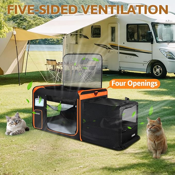 Petskd Side Expandable Extra Large Cat Carrier with Litter Box Area for Long Distance Car Travel,24"x17"x17" Collapsible Soft-Sided Large Pet Carrier with Zipper Locks for 2 Cats Under 55LBS(Black)