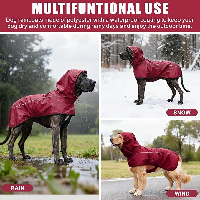 Mosucoirl Dog Raincoat Jacket Reflective Adjustable Hooded Pet Poncho Rain Coats with Leash Hole Waterproof Clothes for Small Medium Large Dogs (Red, M)