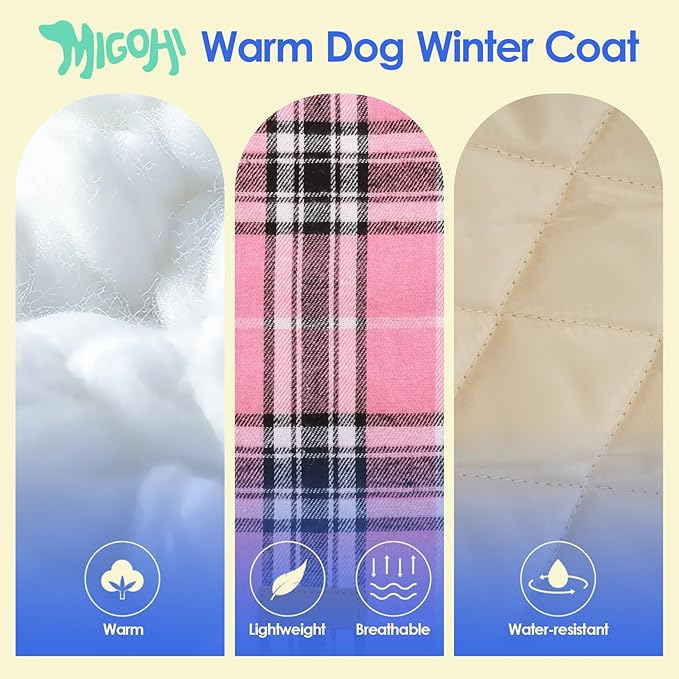 MIGOHI Winter Dog Jackets, Reversible Windproof Waterproof, British Plaid Coat for Small Medium Large Dogs, Pink, L