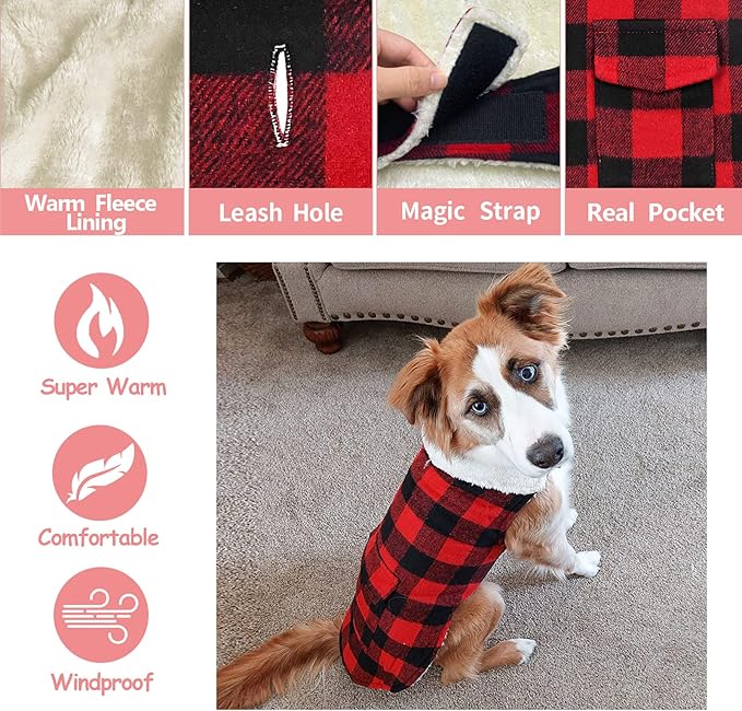 Malier Dog Winter Coat, Classic Plaid Fleece Dog Cold Weather Coats Dog Jacket with Pocket, Windprood Warm Dog Coat Vest Winter Pet Clothes Apparel for Small Medium Large Dogs (Red, Small)
