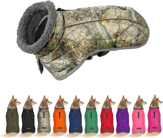 Fragralley Dog Coat Large, Waterproof Dog Jacket with Warm Fleece Lining, Adjustable Reflective Dogs Winter Coat, Turtleneck Pet Coats for Cold Weather (Reed Camouflage XL)