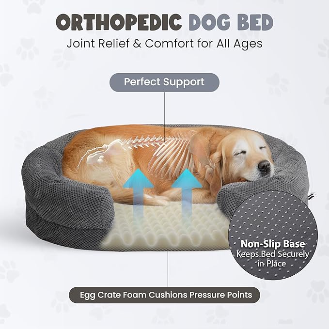 Orthopedic Dog Bed for Extra Large Dogs, Extra-Thick 3.6" Foam Fluffy Fur Sofa with Comfortable Sides, Soft and Big Dog Couch Bed with Washable Removable Cover and Non-Slip Oval Bottom, Grey
