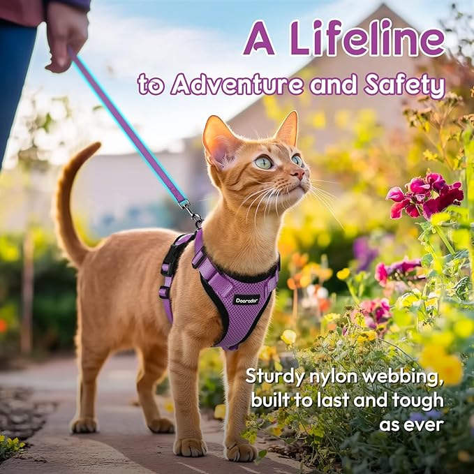 Dooradar Cat Harness and Leash Set, Escape Proof Safe Adjustable Kitten Vest Harnesses for Walking, Easy Control Soft Breathable Mesh Jacket with Reflective Strips for Cats, Purple, XXS