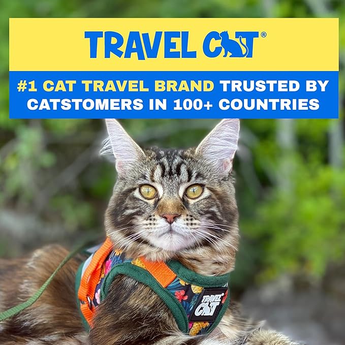 Travel Cat Harness and Leash Set - Adjustable Fit Mesh Cat Harness and Reflective Strap - Comfort Walking Vest for Kitten for Outdoor Walking, Hiking (Large, Hawaiian)