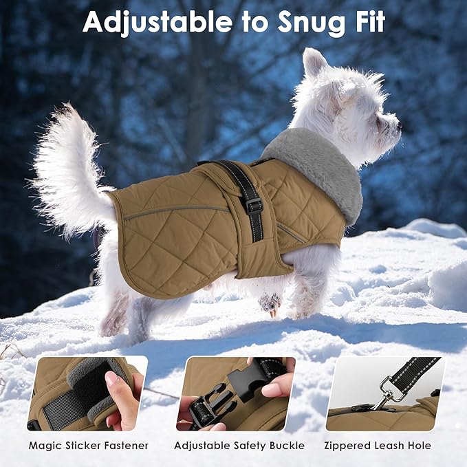 Dog Coat, Waterproof Dog Winter Jacket with Adjustable Buckle, Reflective Turtleneck Pet Snow Vest Warm Fleece Sweater for Small Medium Large Dogs - Khaki, L