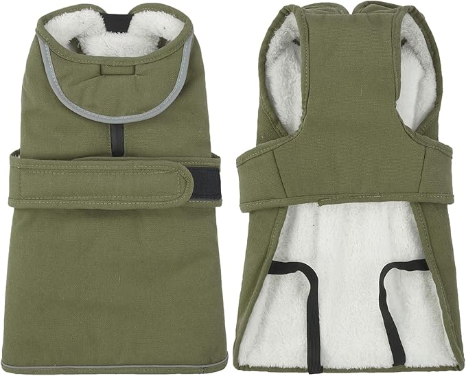 Kuoser Canvas Dog Coat, Warm Dog Jacket Reflective Fleece Pet Cold Weather Coat, Warm Doggie Clothes Waterproof Winter Vest with Zipper Leash Hole for Small Medium Large Dogs, Army Green 2XL