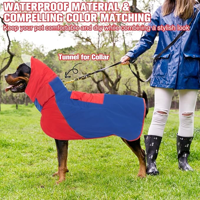 BINGPET Adjustable Dog Rain Jacket, Waterproof, Snowproof, Windproof - Reflective Striped Clear Hooded Slicker Poncho (Red-Blue, L)