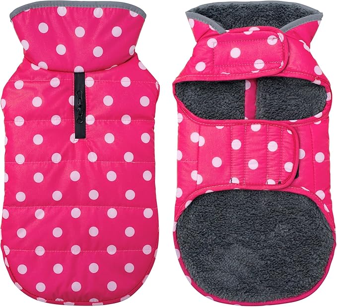 Dog Winter Coat, Waterproof Dog Jacket with Leash Hole, Reflective Adjustable Pet Snow Vest, Warm Fleece Sweater for Small Medium Large Dogs - Pink Polka Dot, 2XL
