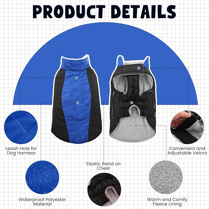 Warm Dog Coat,Waterproof Jacket in Winter Adjustable and Reversible Doggy Fleece Outfit,Thick Clothes with Foldable Collar for Puppy in Cold Days,M RoyalBlue