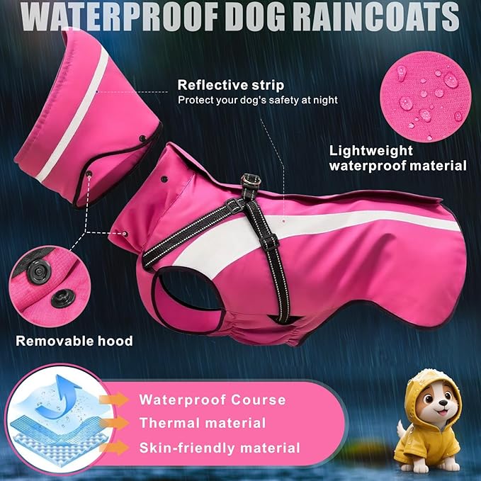 Mosucoirl Dog Raincoat Waterproof Raincoats for Dog Reflective Dogs Rain Jackets with Hood Hoodie Pet Rain Poncho Coat for Small Medium Large Dogs Puppies S-XXL (Pink, L)