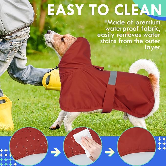 MIGOHI Dog Rain Coat, Hooded Rain Jacket for Dog | Adjustable Hood and Hind Leg Straps Dogs Rain Coat, Reflective Strap for Night Walking, Red, XL