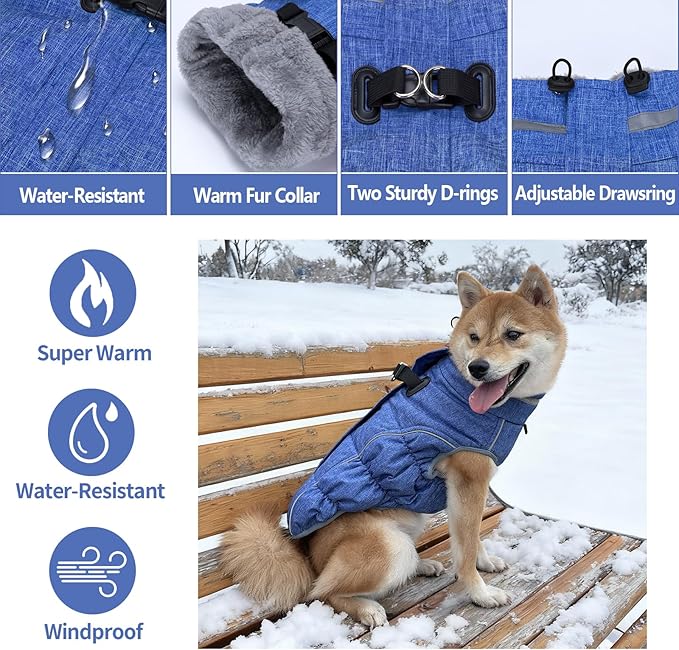 Malier Dog Coat, Reflective Dog Jacket Waterproof Windproof Puppy Cold Weather Coats with Harness Built in, Winter Extra Warm Pet Coat Fleece Vest for Small Large Pets and Puppy (Blue, XXX-Large)