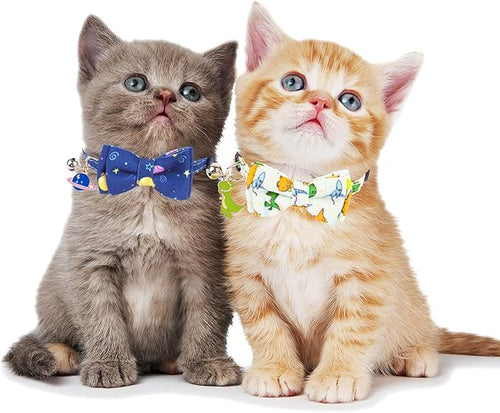ADOGGYGO Cat Collar Breakaway with Cute Bow Tie Bell, 2 Pack Kitten Collar with Removable Bowtie, Universe Dinosaur Bowtie Collar for Cats (7.5"- 10.5")