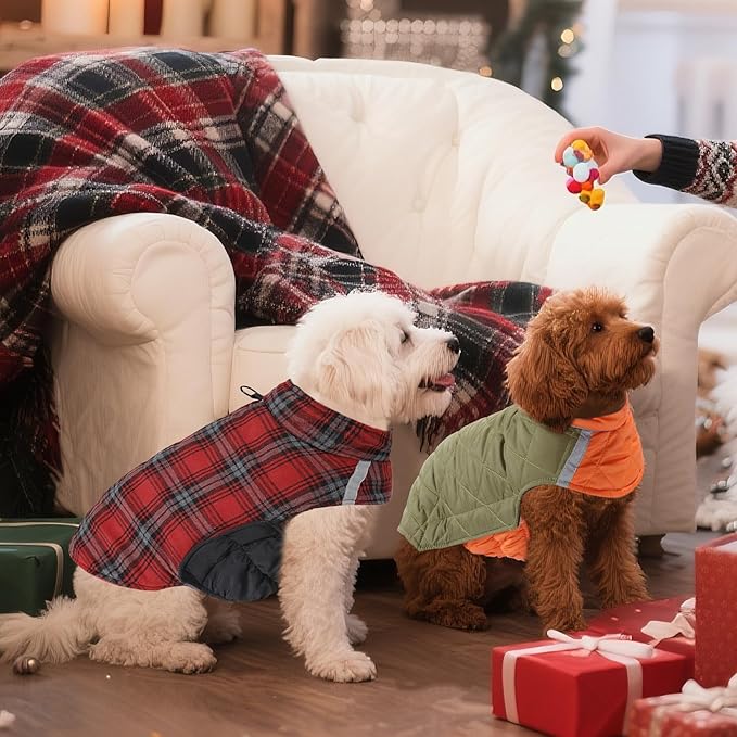 Quilted Dog Winter Coat, Plaid Lined Reversible Vest, Reflective Safety Strip, Cold Weather Pet Apparel Red XS