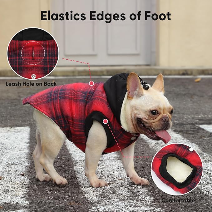 Fleece Lining Dog Hoodie for Large Dogs Extra Warm Plaid Sweater with Drawstring Hooded Coats in Winter Doggie Jacket,Red XXXL