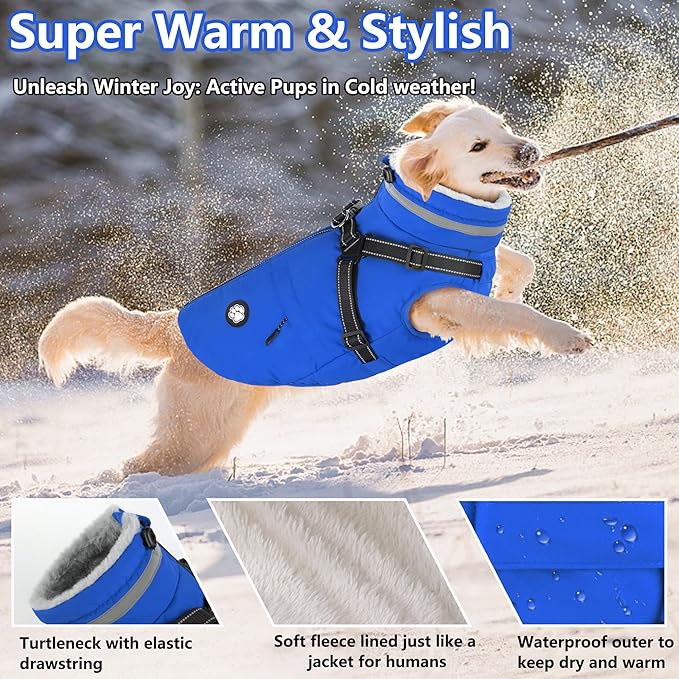 Dogcheer Dog Coat, Waterproof Dog Winter Jacket with Harness, Reflective Adjustable Doggy Cold Weather Coats, Christmas Pet Fleece Snowsuit for Small Medium Large Dogs - Blue, 2XL