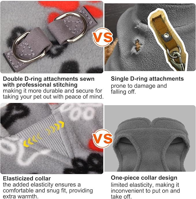 BEAUTYZOO Small Dog Sweater Fleece Vest Winter Jacket, D-Ring Leash Attachment for XS S Puppy Medium Sized Breeds Dogs, Cold Weather Dog Clothes Windproof Keep Warm, Grey Bones Paw M