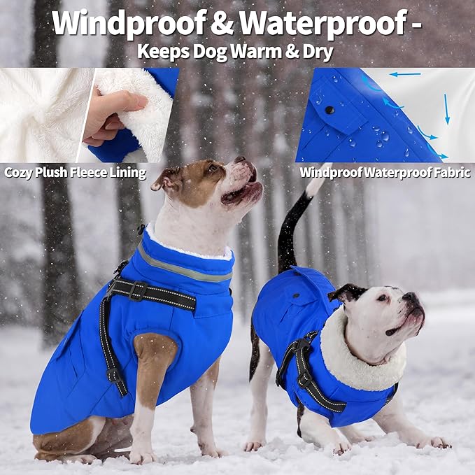 Dogcheer Dog Coat with Harness, Waterproof Warm Dog Winter Jacket with Pockets, Reflective Pet Fleece Jacket Turtleneck Snowsuit for Small Medium Large Dogs - Blue, XL