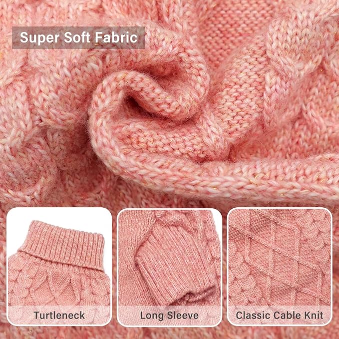 KYEESE Dog Sweater for Medium Dogs Warm Dogs Clothes, Long Sleeve Pets Coats Turtleneck Pet Sweater with Classic Cable Knit Pet Sweater Medium Size Dogs, Pink, XX-Large