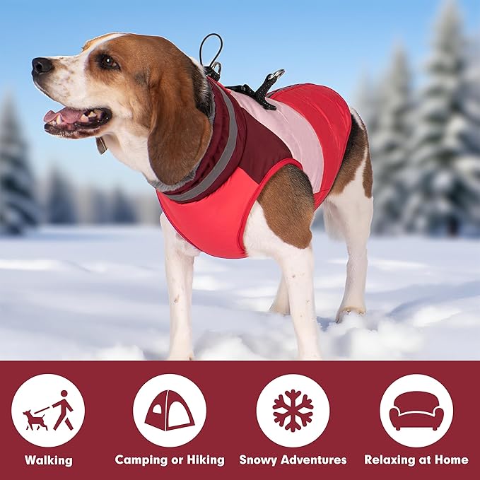 azuza Dog Coats for Large Dogs Waterproof Dog Coat with Reflective Strips and Harness Built in Warm Fleece Dogs Winter Coat Windproof with Back Zipper, Red 3XL