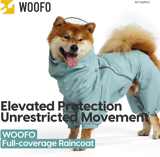 WOOFO Full-Coverage Dog Raincoat, Lightweight, Comfortable, Adjustable & Easy to Wear Dog Rain Jacket, Detachable Cap, Reflective Strip (Grey, 2XL)