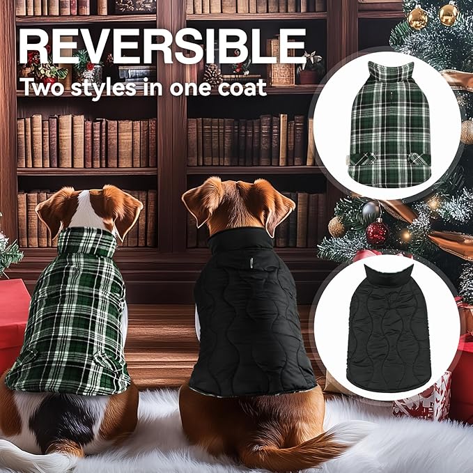 VIVAGLORY Softjoy Dog Coat, Dog Jacket for Winter & Christmas, Coat with Harness Hole & Velcro Closure, Reversible Plaid Checkered Warm Fluffy Heavy Duty for Puppy, M, Green
