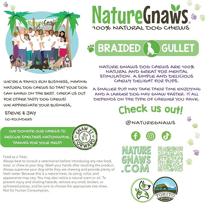Nature Gnaws Braided Beef Chews for Dogs 5-6" (3 Count) - Long Lasting for Small and Medium Dogs - Natural Beef Gullet Jerky Dog Chew Treats