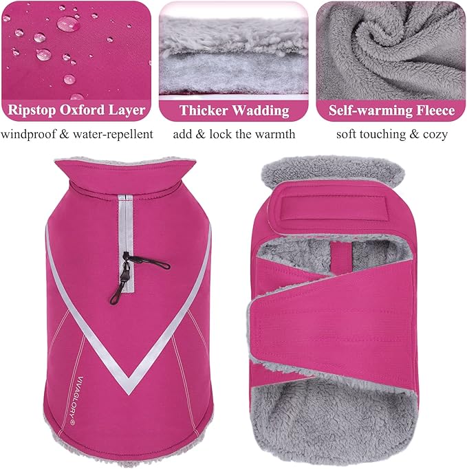 VIVAGLORY Snowrap Dog Coat, Jacket with Harness Hole & Velcro Closure, Dog Coat for Winter & Cold Weather, Fluffy Warm Fleece Lined Reflective Water Resistant for Puppy, XXS, Fuchsia