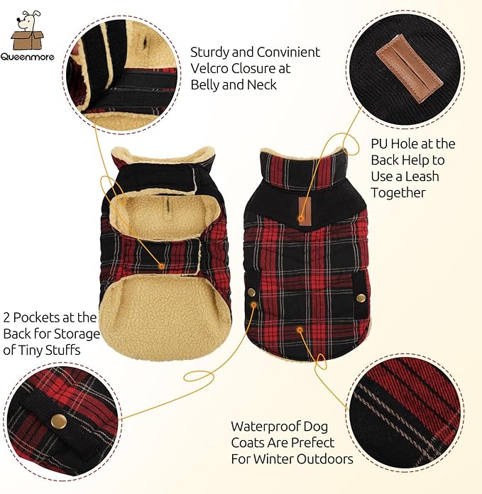 Queenmore Dog Winter Coat Warm Dog Jacket for Cold Weather, Quilting Puffer Plaid Coats for Small/Medium Dogs Waterproof,Girl/Boy Pet Christmas Coat,Pet Snowsuit with Leash Hole/Fleece Padding, L