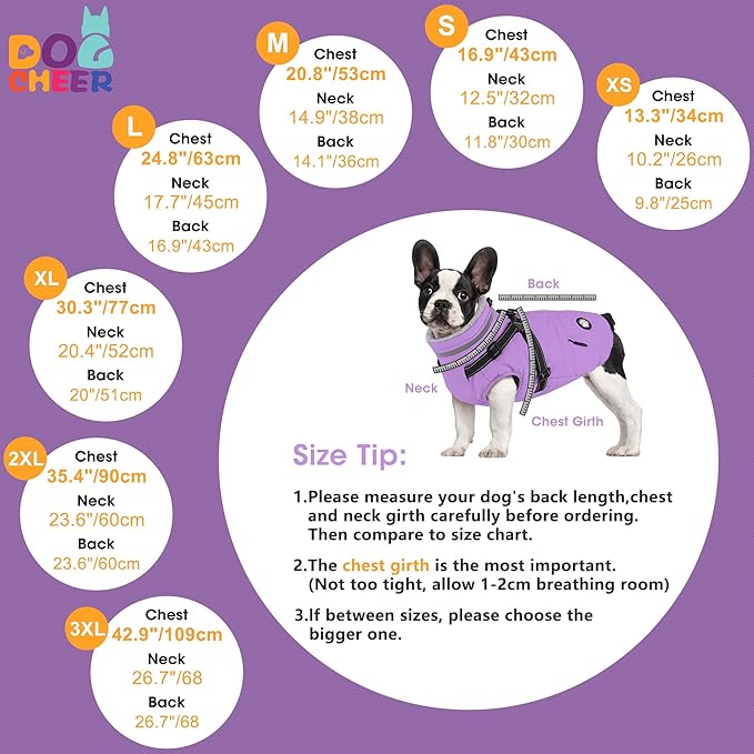 Dogcheer Dog Coat with Harness, Waterproof Dog Jacket, Reflective Puppy Winter Jacket with Pocket, Doggy Turtleneck Fleece Vest for Small Medium Large Dogs - Taro Purple, 3XL