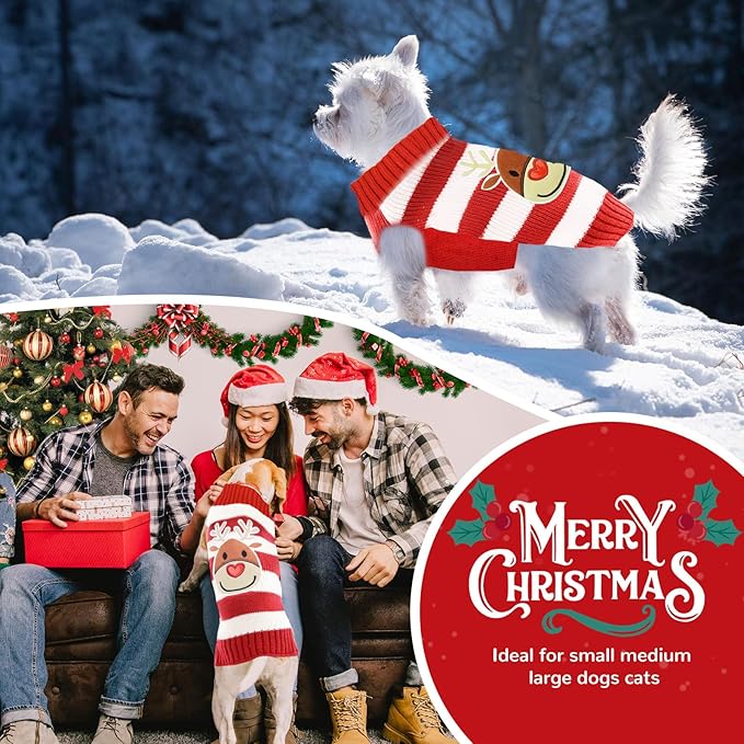PETCARE Reindeer Christmas Dog Sweater Red Striped Cat Sweater Cartoon Elk Pet Vest Holiday Dog Clothes Puppy Sweaters for Small Medium Large Dogs Cats Fall Winter Outfits Xmas Dogs Costume,X-Small