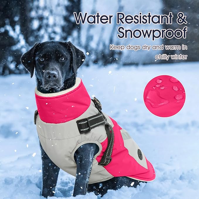 IECOii Dog Winter Coat with Harness Built in, Waterproof Windproof Dog Coats for Large Dogs, Thermal Fleece Lined Cold Weather Jackets with Zip, Outdoor Warm Snow Jacket Reflective, Rosered, XLarge