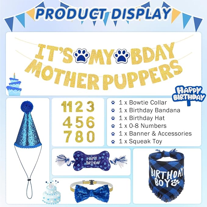 SCENEREAL Dog Birthday Party Supplies, Dog Birthday Bandana Hat Toy Bow Tie Collar Set with Birthday Numbers, Puppy Pet Birthday Scarf Accessories Outfit Decorations for Boy Girl Small Dogs, S