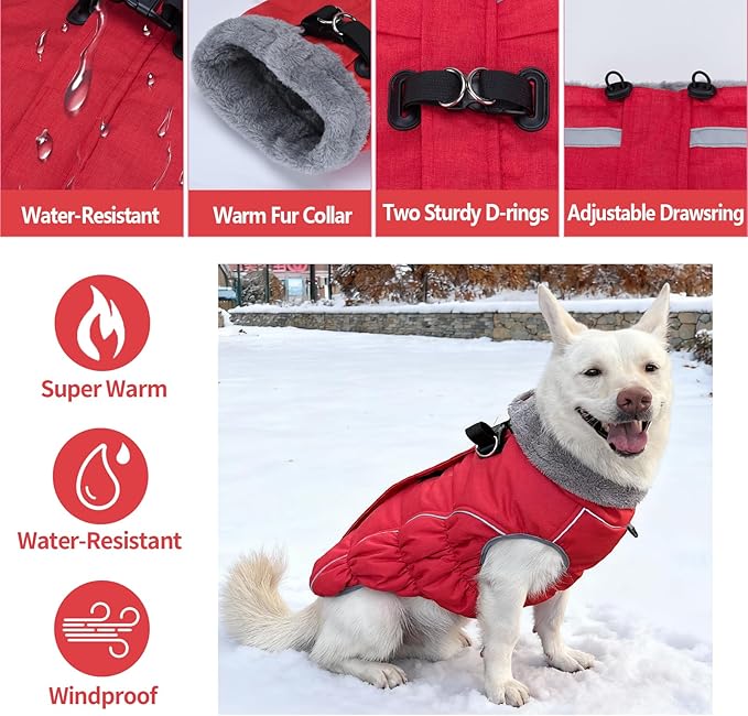 Malier Dog Coat, Reflective Dog Jacket Waterproof Windproof Puppy Cold Weather Coats with Harness Built in, Winter Extra Warm Pet Coat Fleece Vest for Small Large Pets and Puppy (Red, XXX-Large)