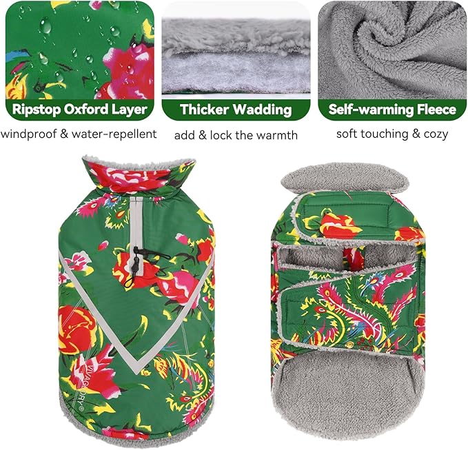 VIVAGLORY Snowrap Dog Coat, Jacket with Harness Hole & Velcro Closure, Dog Coat for Winter & Cold Weather, Fluffy Warm Fleece Lined Reflective Water Resistant for Puppy, XS, Northeast Florals-Green