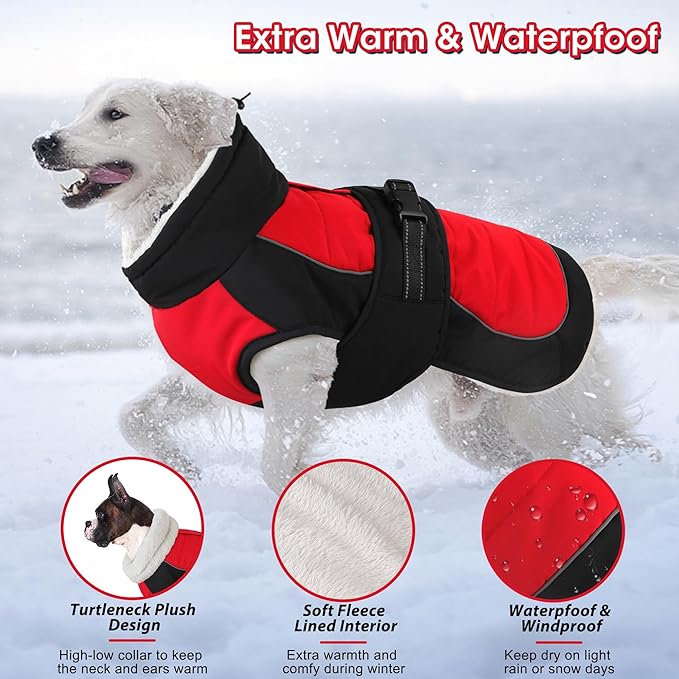 Dogcheer Dog Coat, Christmas Dog Jacket, Waterproof Turtleneck Puppy Winter Coat, Adjustable Pet Puffer Jacket, Reflective Warm Fleece Coats for Small Medium Large Dogs - Red, XL