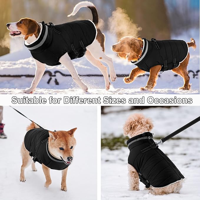 Dogcheer Dog Coat, Waterproof Dog Jacket with Harness, Reflective Adjustable Winter Coat with Zipper, Christmas Pet Snow Jacket Clothes for Small Medium Large Dogs - Black 3XL