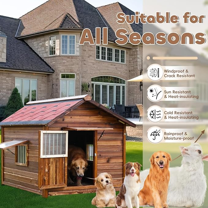 Extra Large Wooden Dog House Outdoor for Large Breed,Weatherproof Outside Doghouse Shelter with Door,Woof,Insulated Warm Goat House for Outside,Easy Clean and Assemble