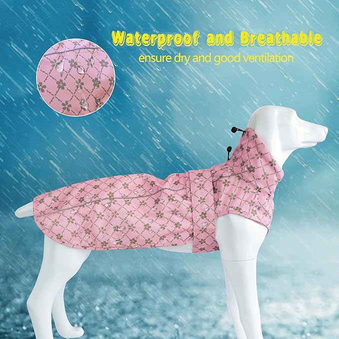 Adjustable Waterproof Dog Raincoat for Dogs,Lightweight Pet Rain Jacket Puppy Clothes with Reflective Strip for Small Medium Large Dogs(3X-Large,Gold Cheery Blossoms Pink)